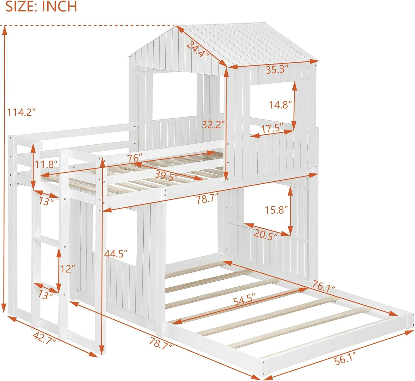 Ball & Cast Twin Over Full Playhouse Bunk Bed with Ladder and Window,Farmhouse Wood Bunkbed w/Full-Length Guard Rail & Slat Support,Space Saving,Bedroom Furniture for Student Dorms,White