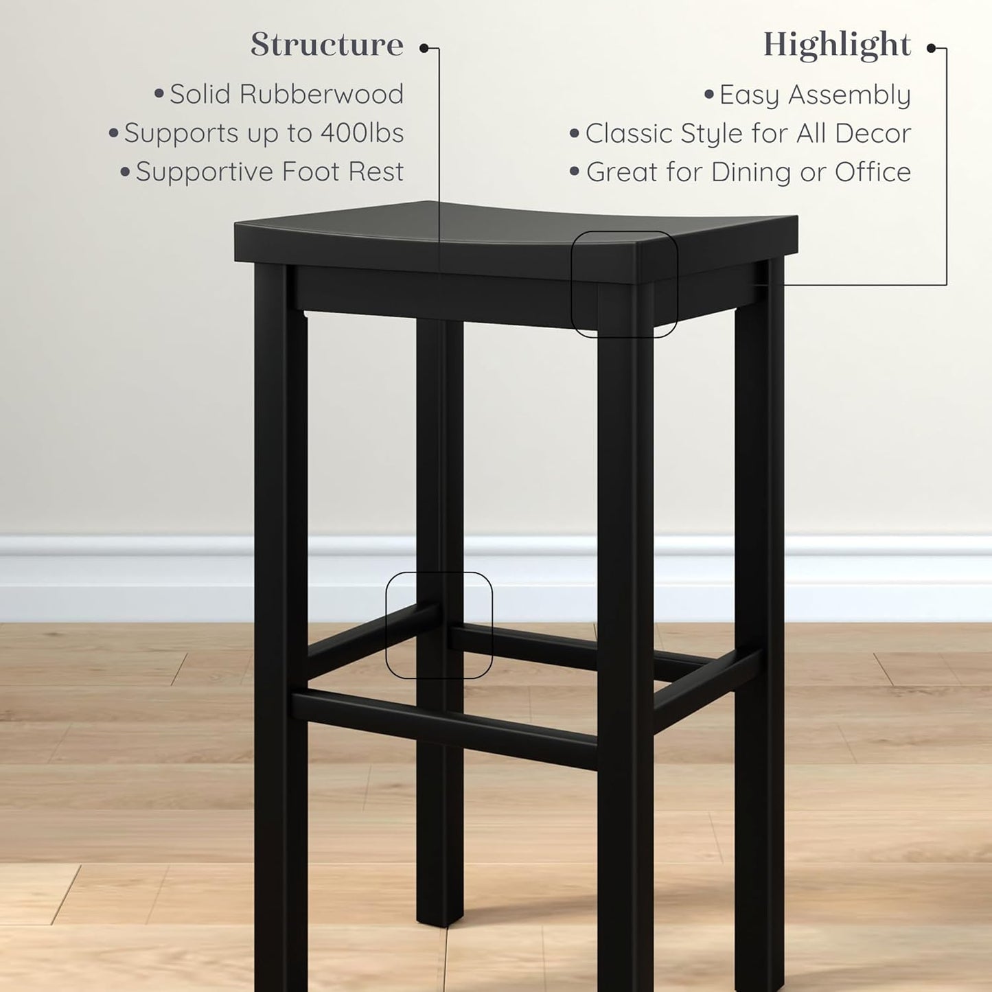 Grain & Grove Smith Collection Solid Wood Bar Stool, 30 inch Saddle-Seat Bar Chair, Backless, Heavy-Duty Construction, Footrest Support, Ideal for Kitchen Islands, Home Bars, and Counters, Black