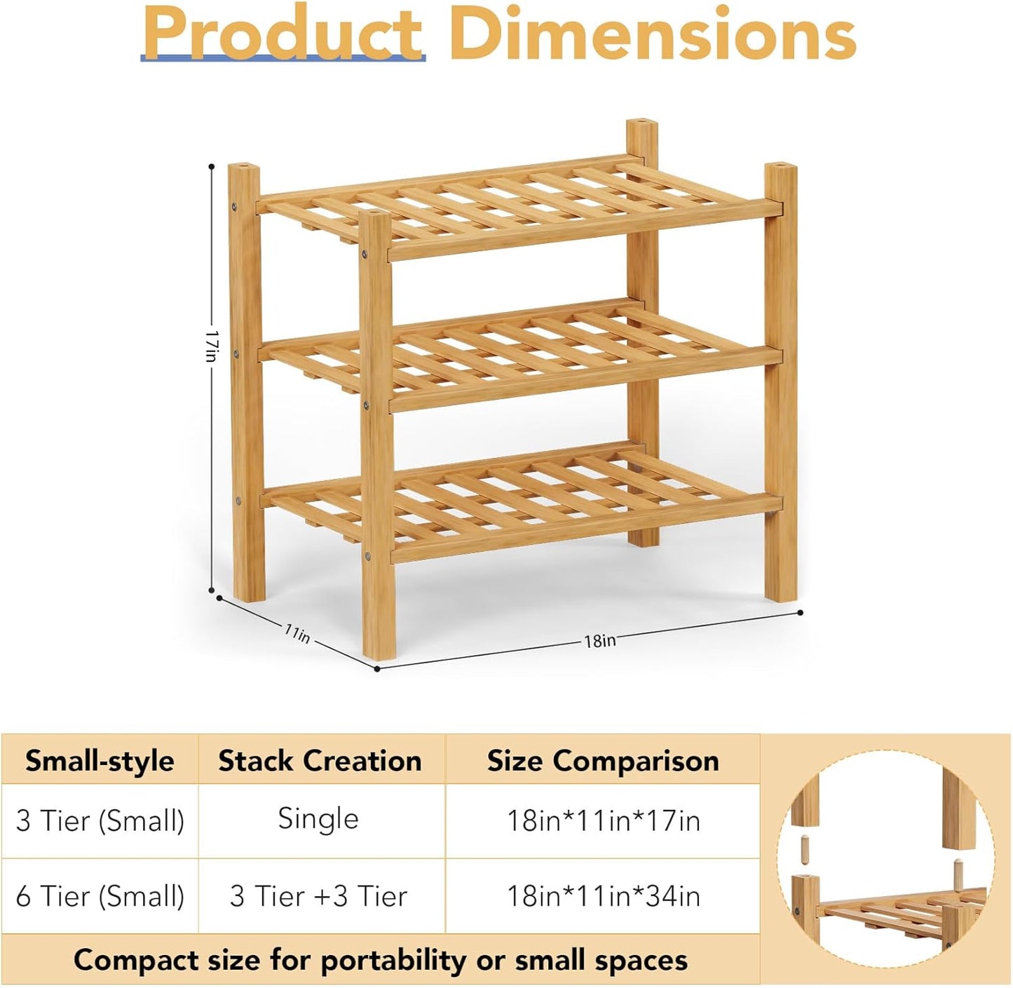 Haddockway small 3 Tier Bamboo Shoe Rack Storage Organizer,Multifunctional Free Standing Stackable Shoe Shelf with Grid Panel for Closet,Hallway,Entryway,Small Space 18"x11"x17"(Natural, 3-Tier Small)