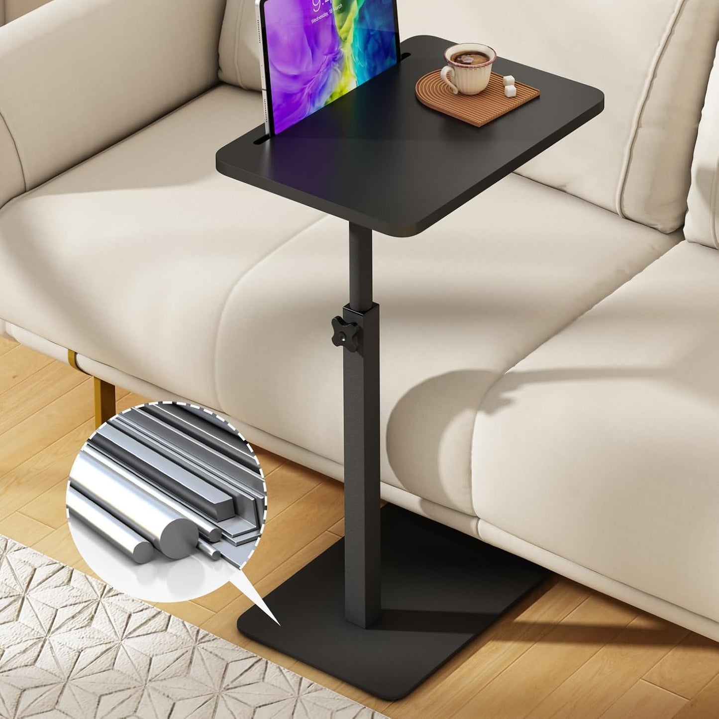 Forevich Bamboo Sofa Tray Table C Shaped Side End Table with Metal Base, Adjustable Height Swivel Snack Couch for Bed Small Spaces Living Room Black Table and Black Base