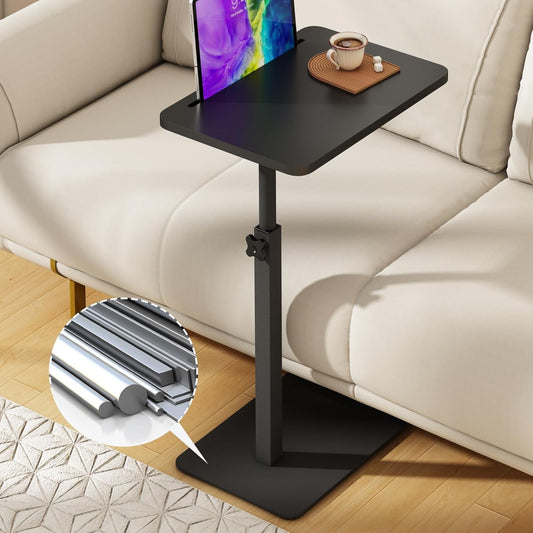 Forevich Bamboo Sofa Tray Table C Shaped Side End Table with Metal Base, Adjustable Height Swivel Snack Couch for Bed Small Spaces Living Room Black Table and Black Base