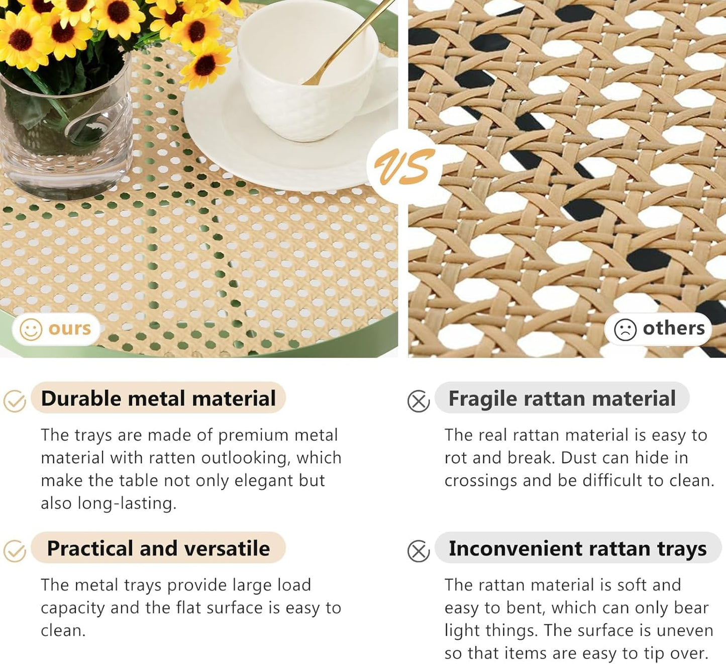 TeoKJ All Metal Side Table, 2 Tier Anti Rust End Table with Imitation Rattan Pattern on Removable Trays, Round Table for Living Room, Small Nightstand for Bedroom 20.47 Inch x 16.54 Inch Green