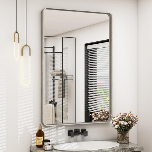 24x36 Silver Bathroom Mirror for Wall, Brushed Metal Framed Bathroom Vanity Mirror, Modern Rounded Corner Rectangle Mirror, Anti-Rust (Horizontal/Vertical)