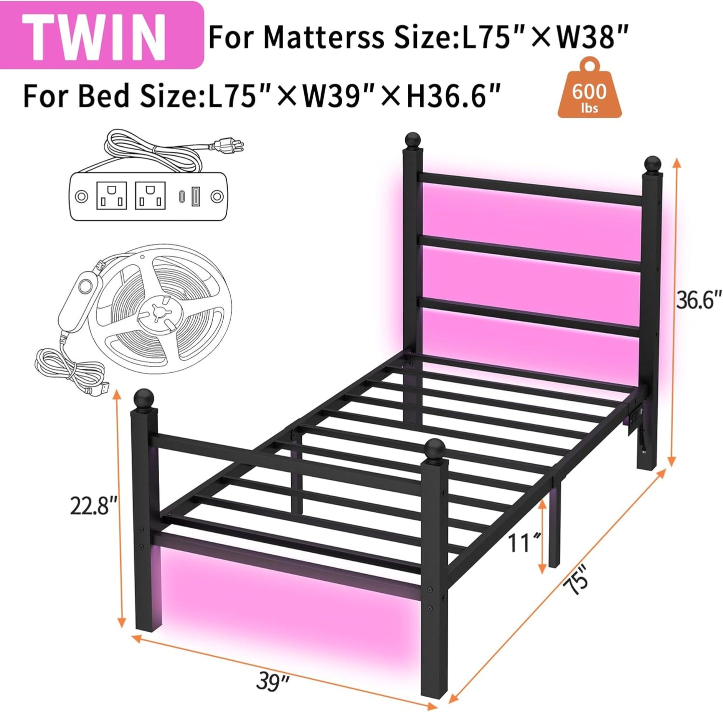 Twin Bed Frame with Headboard and Footboard,Steel Slats Support-LED Bed Frame with USB Charging Station,Mattress Foundation-Under Bed Storage,No Box Spring Needed,Noise Free,Black