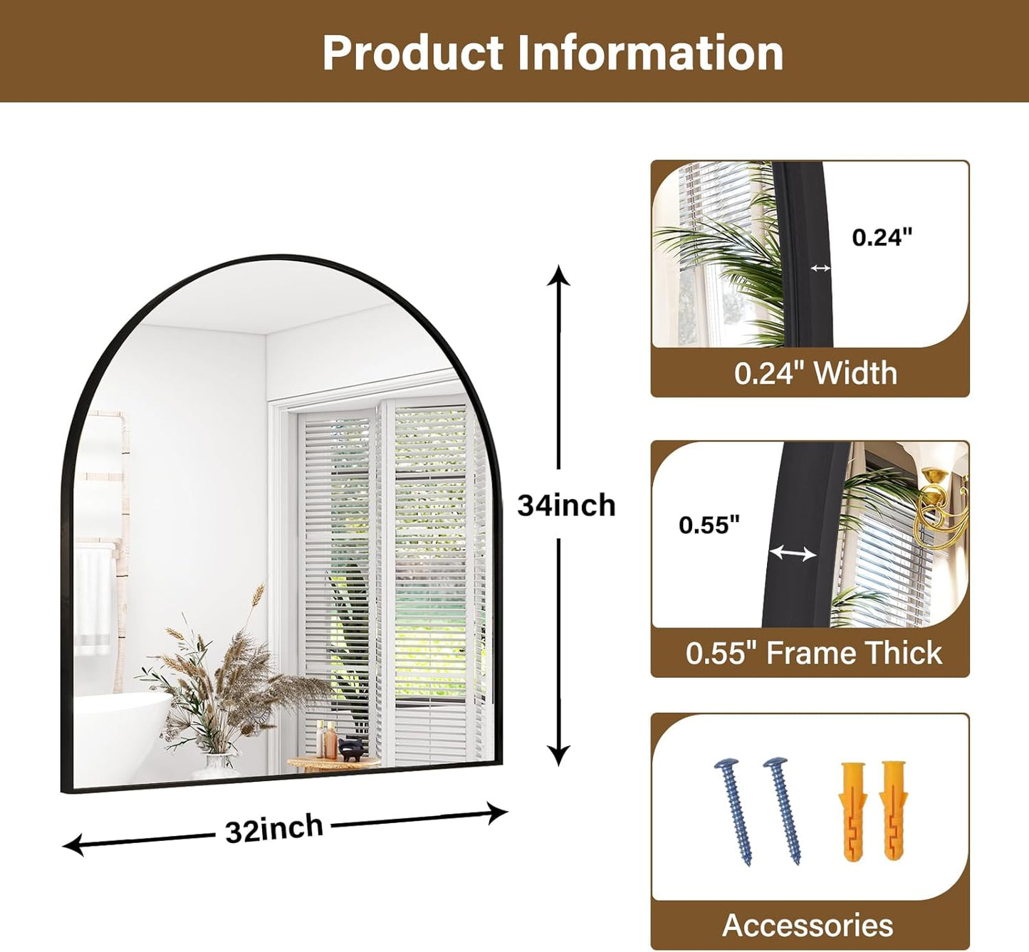 Arched Bathroom Mirror 32" x 34" for Bathroom Vanity Mirror or Wall Decor Black Arch Mirror Aluminum Alloy Frame Wall Mounted Mirror for Living Room Bedroom Entryway