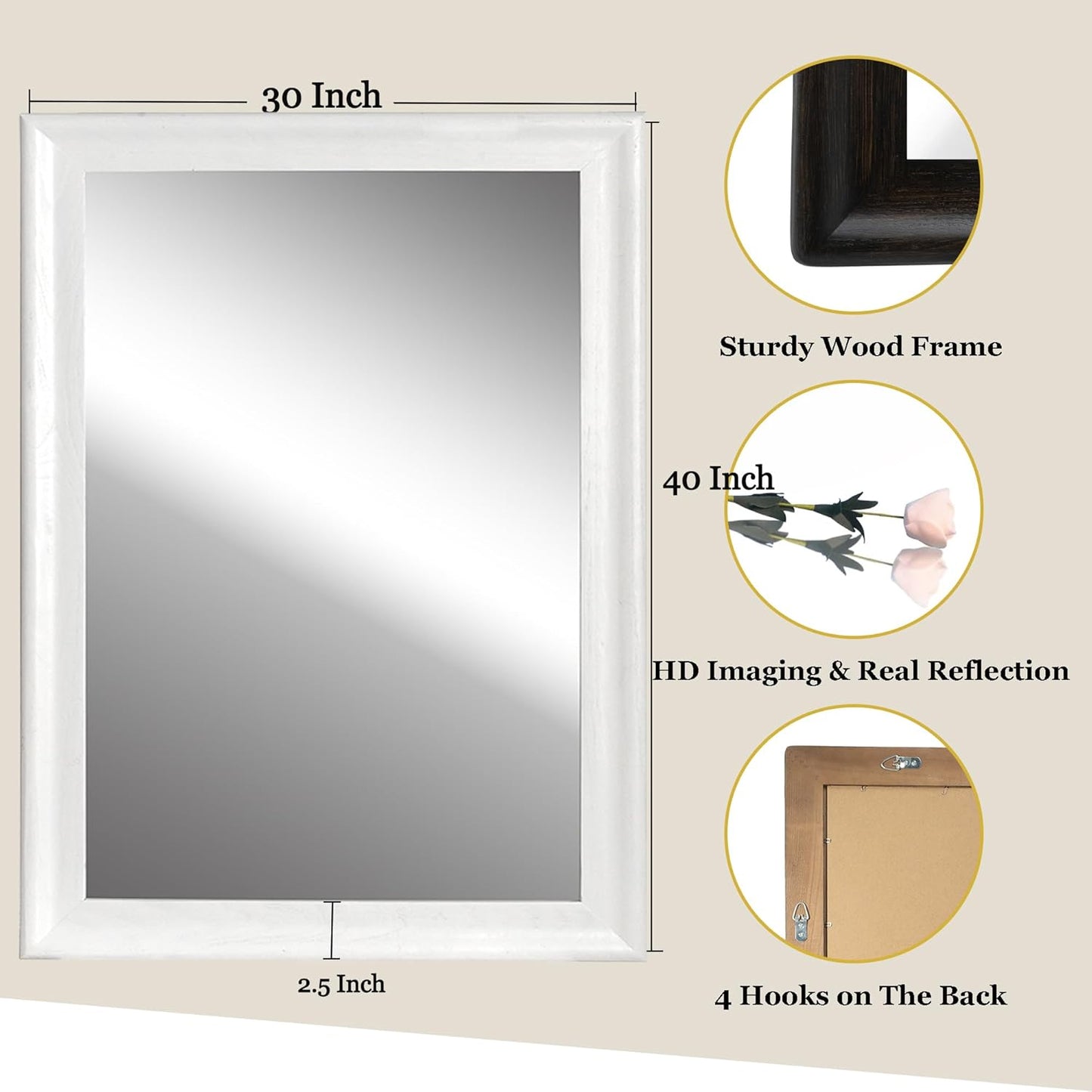 CULER White Wood Wall Mirror for Bathroom,Rectangle Rustic Large 30 x 40 inch Hanging Vanity Mirrors with Wooden Frame for Living Room,Bedroom,Entryway (30x40 inch, White)