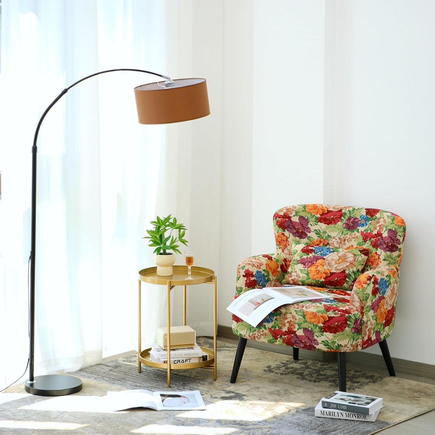 2-Tier Round End Side Table, Small Metal Side Table with Removable Tray, Folding Accent Tables for Living Room, Balcony, Nightstand for Bedroom, Outdoor Tables for Patio, Gold