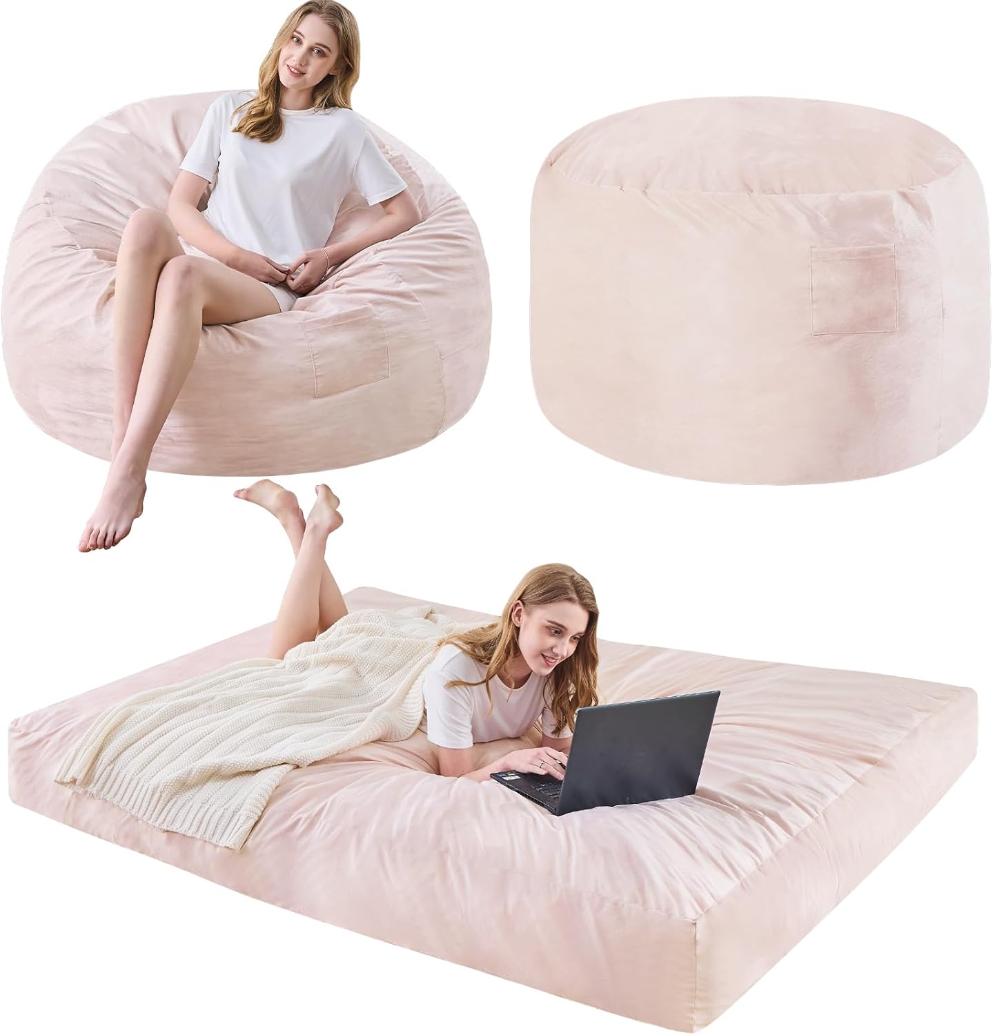 Bean Bag Chairs for Adults - Giant Bean Bag Chair Convertible Bean Bag Bed - Beanbag Chair with Micro Fiber Cover/Furniture Foam Filler - Floor Couch Sofa in Bedroom Dorm Room - Queen Pink