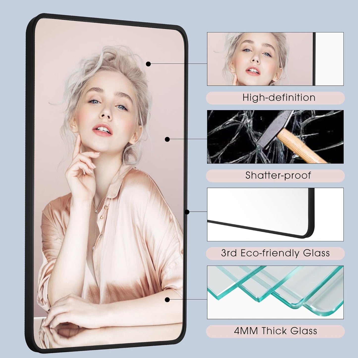 30x36 Inch Rectangle Bathroom Mirror with Black Metal Frame, Rounded Corner Rectangular Vanity Mirror for Wall, Modern Large for Bedroom, Living Room, Horizontal or Vertical