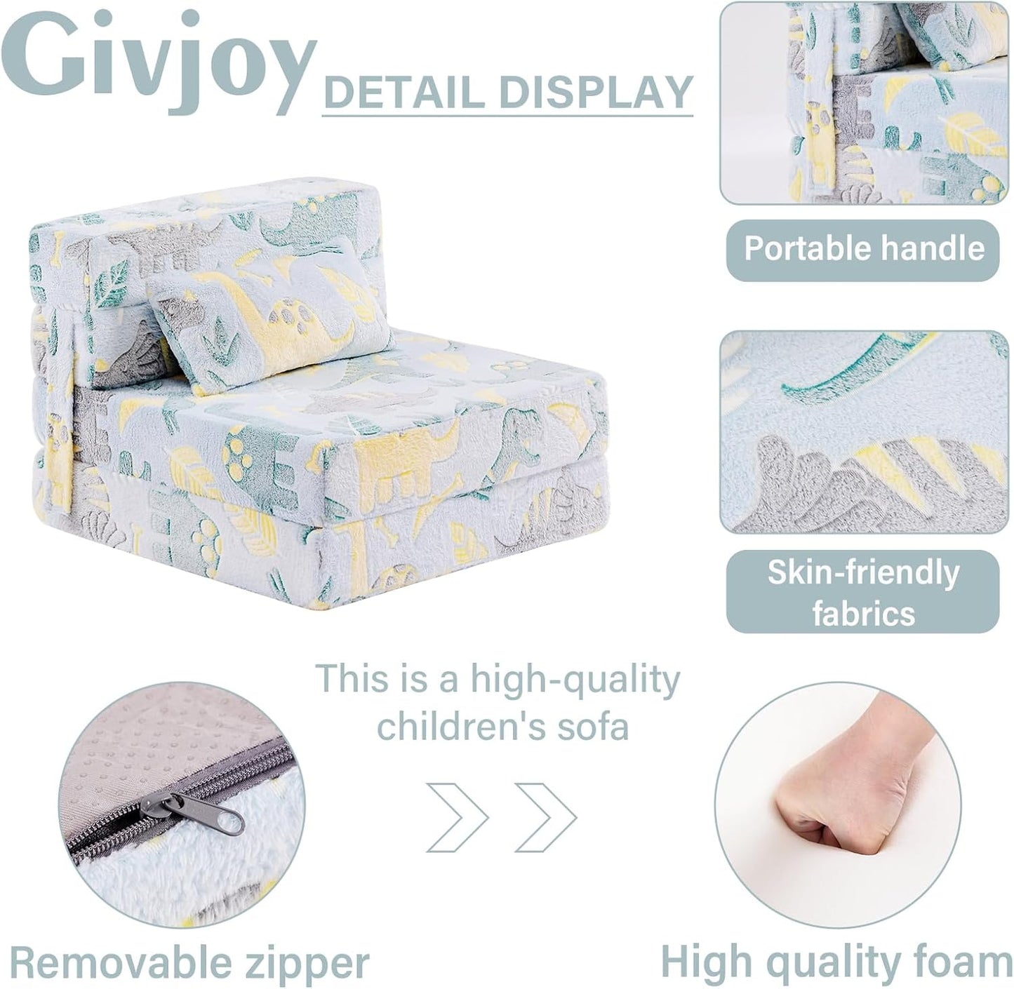 Folding Sofa Bed Floor Mattress for Kids With Pillow, Toddler Glow Washable Nap Mat for Sleeping, Child Fold Up Futon Chair Bed With Storage Bag for Girls Boys