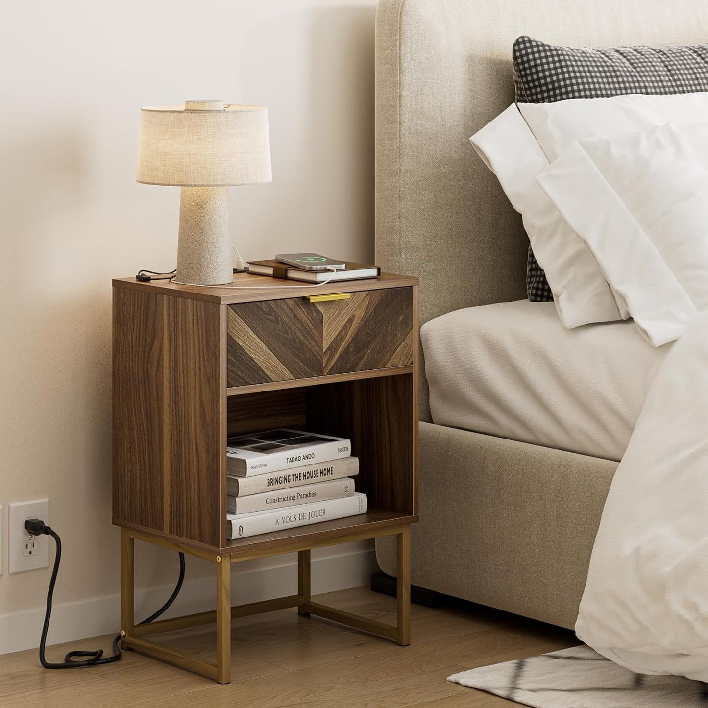 Masupu Extra Large Nightstand with Charging Station,Boho Night Stand Modern Farmhouse Wood Bedside Table with Storage Drawer and Open Shelf,Side End Table for Bedroom,Living Room,Office Brown