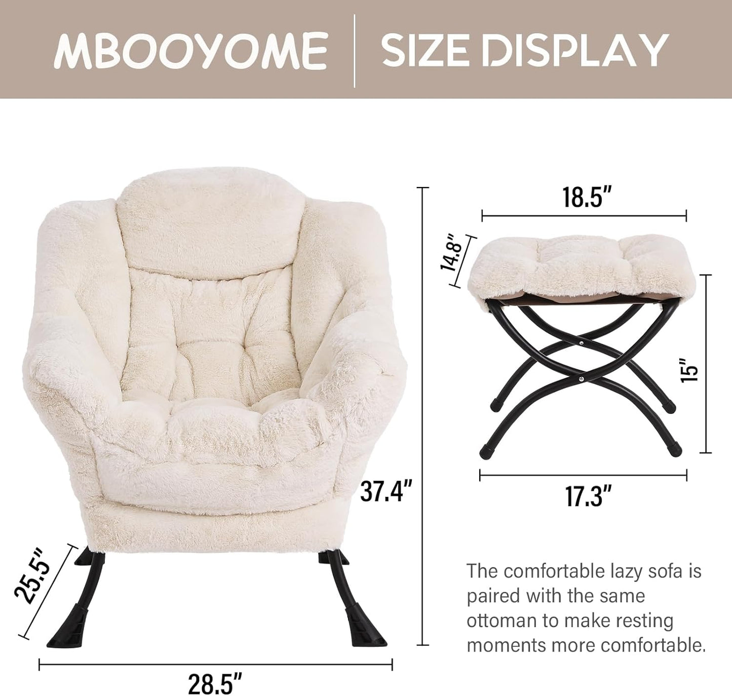 Lazy Chair with Folding Ottoman, Modern Accent Lounge Armchair with Armrests and a Side Pocket & Foldable Footstool, Leisure Reading Chair for Living Room, Bedroom, Dorm & Office, Plush Beige