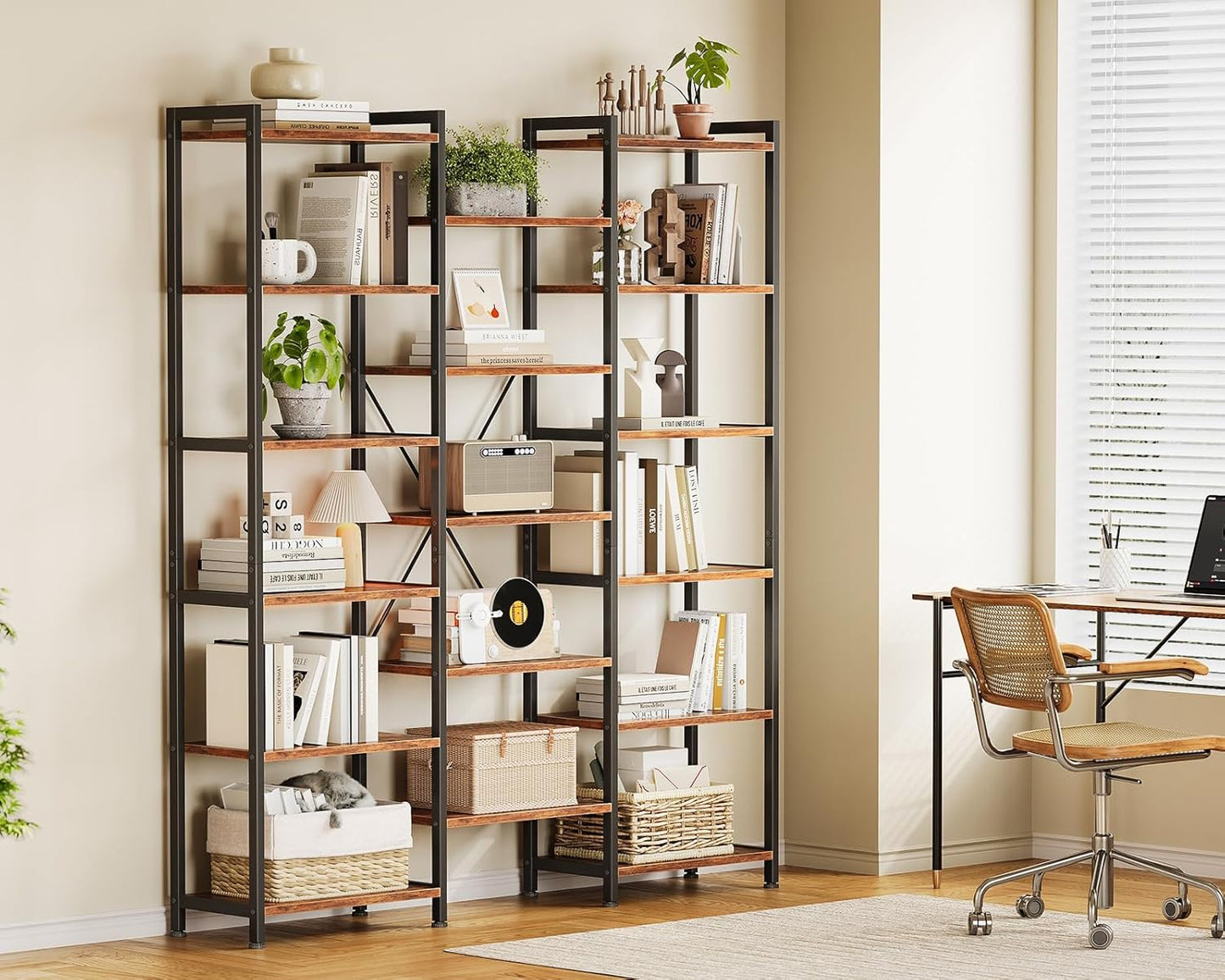 Casaottima Triple 6 Tier Bookshelf, Large Bookcase with 17 Open Display Shelves, Modern Industrial Book Shelves Book Case for Bedroom, Wide Standing Shelving Unit for Living Room Home Office, Vintage