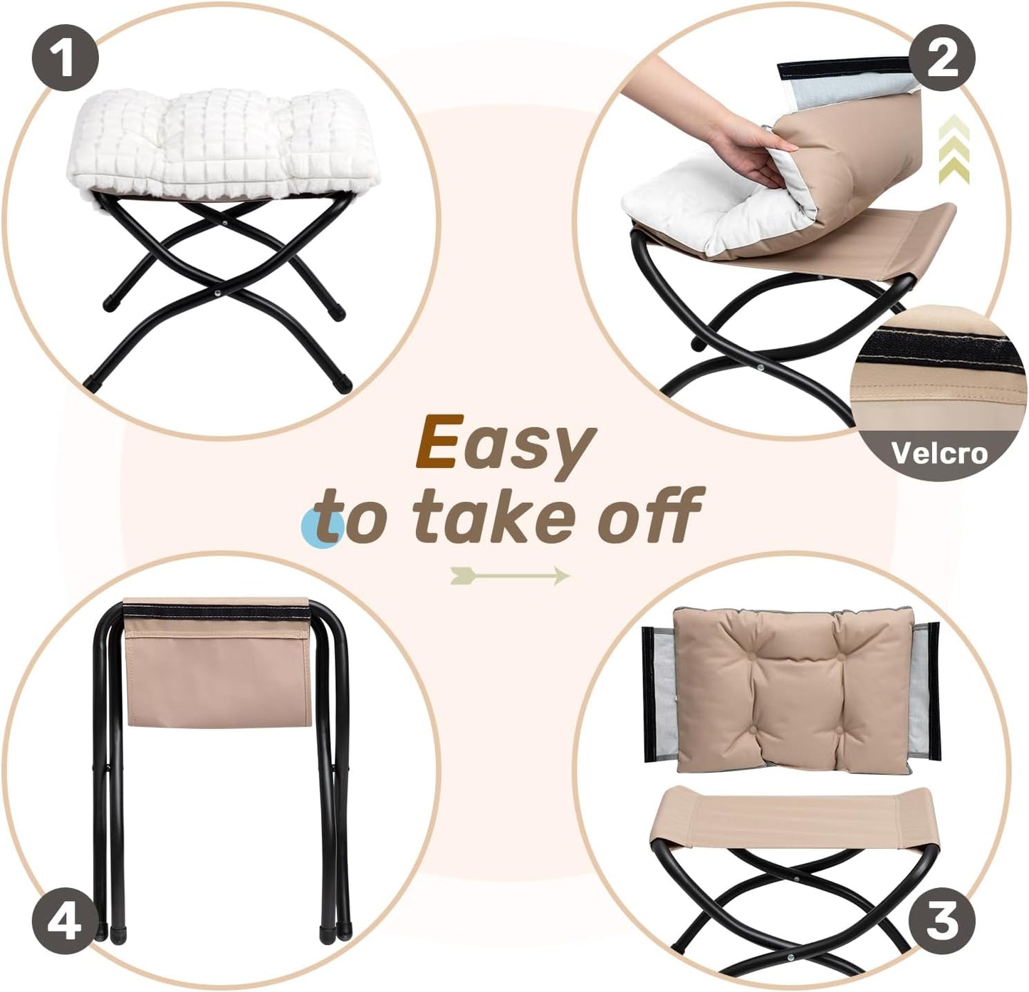 HollyHOME 15"(H) Folding Footrest Stool, Upholstered Small Foldable Ottoman, Accent Padded Sofa Foot Stool for Lazy Chair, Metal Portable Foot Rest Ottoman for Living Room, Bedroom, Faux-Fur White