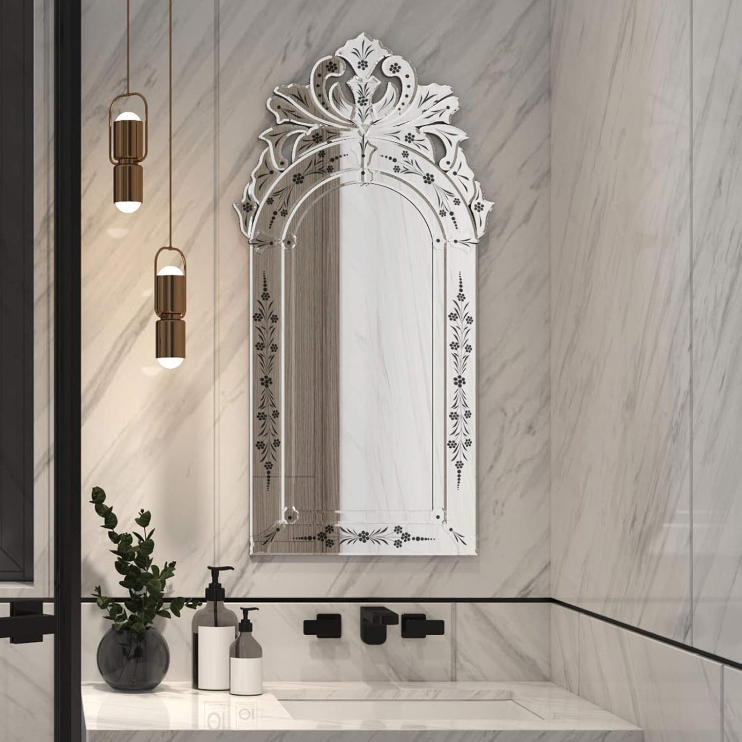 KOHROS Bathroom Vanity Mirror with Floral Etched 40" x 21" Decorative Wall Mirror Frameless Beveled Edge Bathroom Mirror for Vanity Bedroom