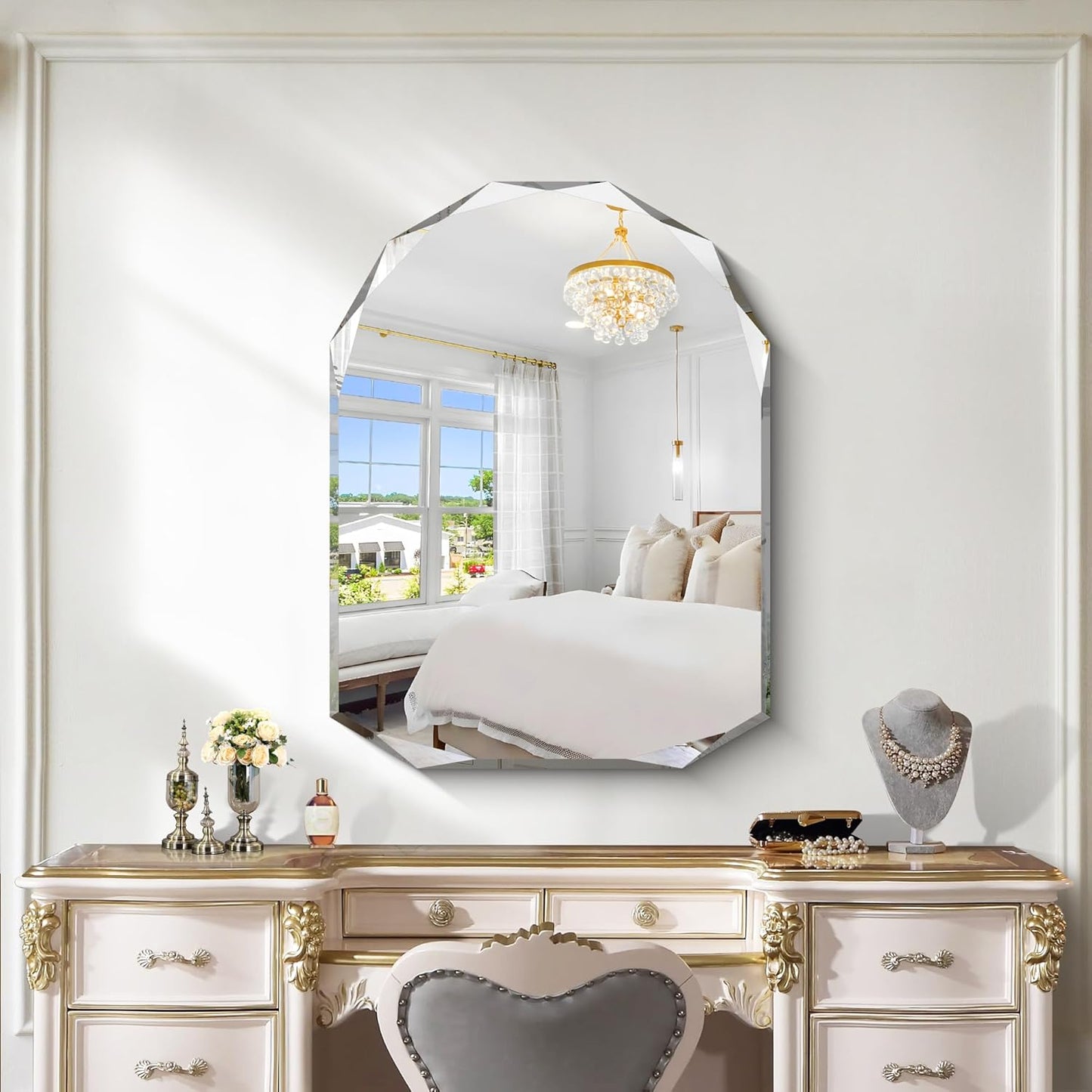 KOCUUY 30"x40" Frameless Mirror, Arched Shape with Diamond-Shaped Beveled Edge,Unframed Decorative with Upgraded Shatterproof Glass,Unique Frameless Mirror for Bathroom,Living Room,Bedroom