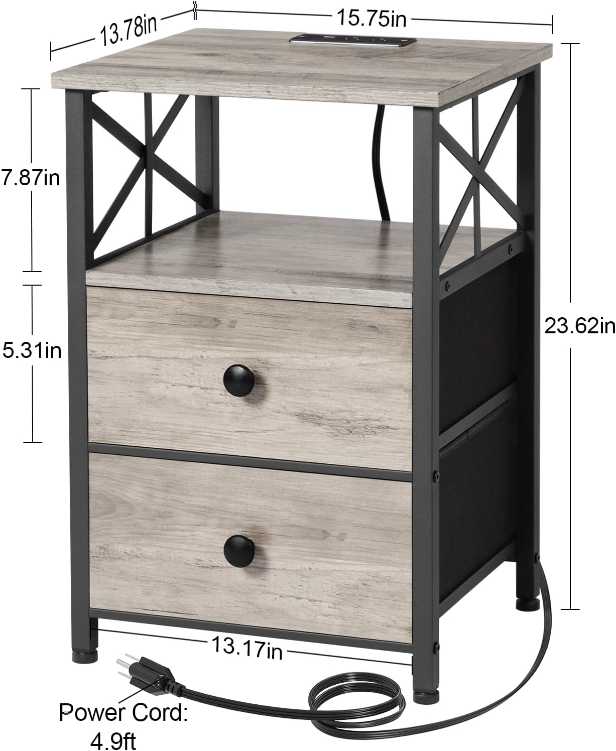 AMHANCIBLE Night Stand Set 2, Nightstand with Charging Station, End Tables Living Room with USB Ports and Outlets, Bedside Tables with Fabric Drawers for Bedroom, Greige HET05XGY