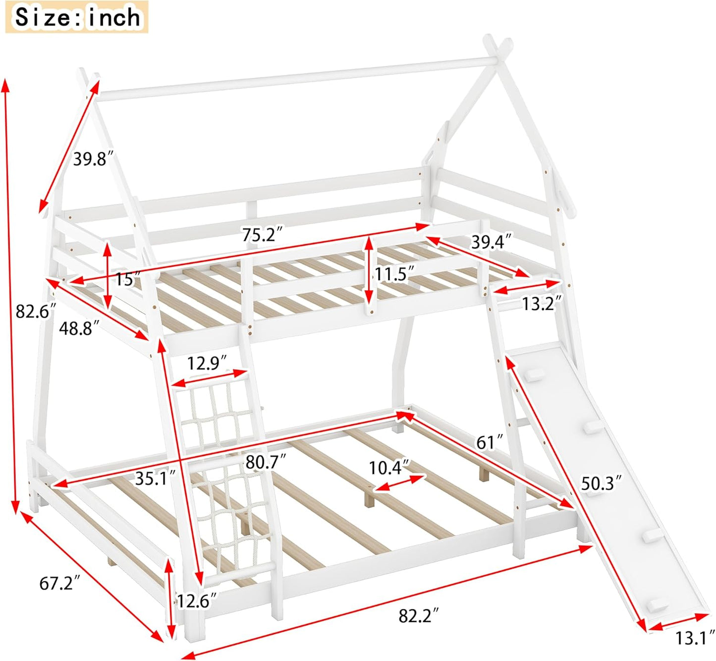 Twin Over Queen House Bunk Bed with Climbing Nets and Climbing Ramp for Kids Teens Boys Girls,Solid Wood Bunk Bed Frame with Safety Guardrails,Playful Design,White