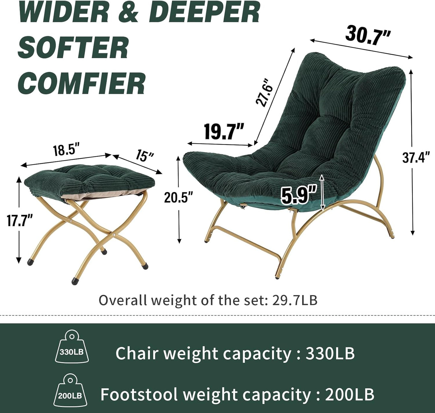 Welnow Accent Chair with Ottoman, Lounge Comfy Soft Leisure Metal Frame Reading Chair with Footrest, Upholstered Thick Cushion Seated Recliner Sofa for Living Room, Bedroom, Dorm, Dark Green