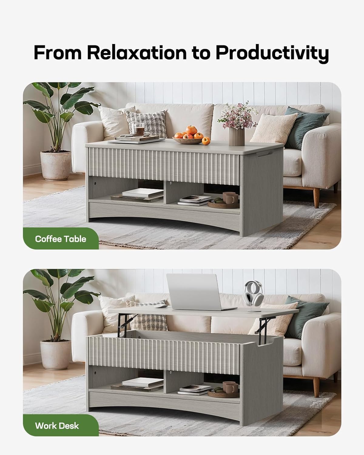 Marsail Lift Top Coffee Table with Open & Hidden Storage, Modern Fluted Coffee Table with Smooth Lift Mechanism, Sturdy Space-Saving Center Table for Home Living Room, Office, Light Grey