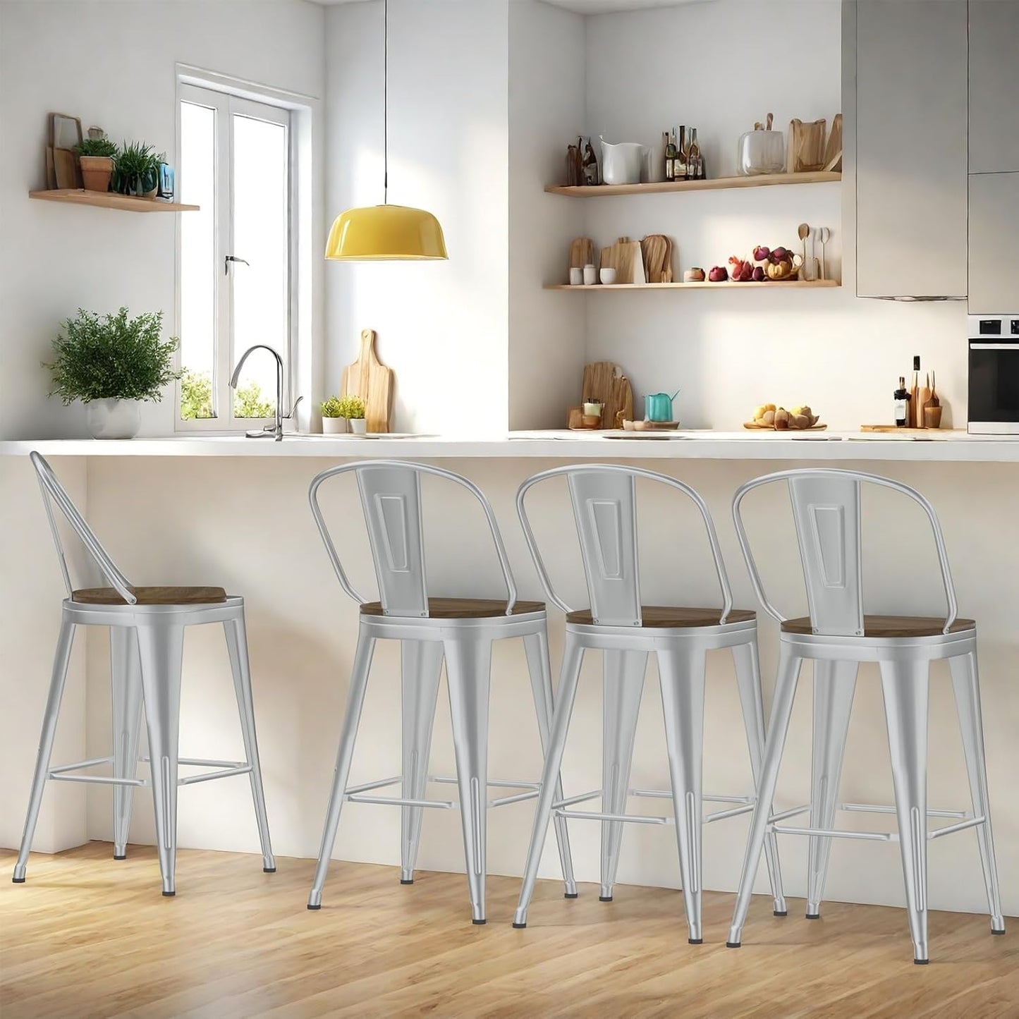 30” Swivel Bar Stools Set of 4, Counter Height Bar Stools Wooden Seat, Metal Industrial Bar Chairs with High Back for Kitchen Island (Silver)