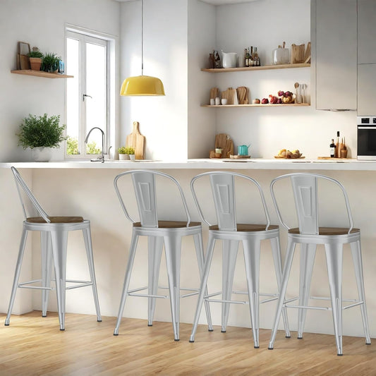 26” Swivel Bar Stools Set of 4, Counter Height Bar Stools Wooden Seat, Metal Industrial Bar Chairs with High Back for Kitchen Island (Silver)