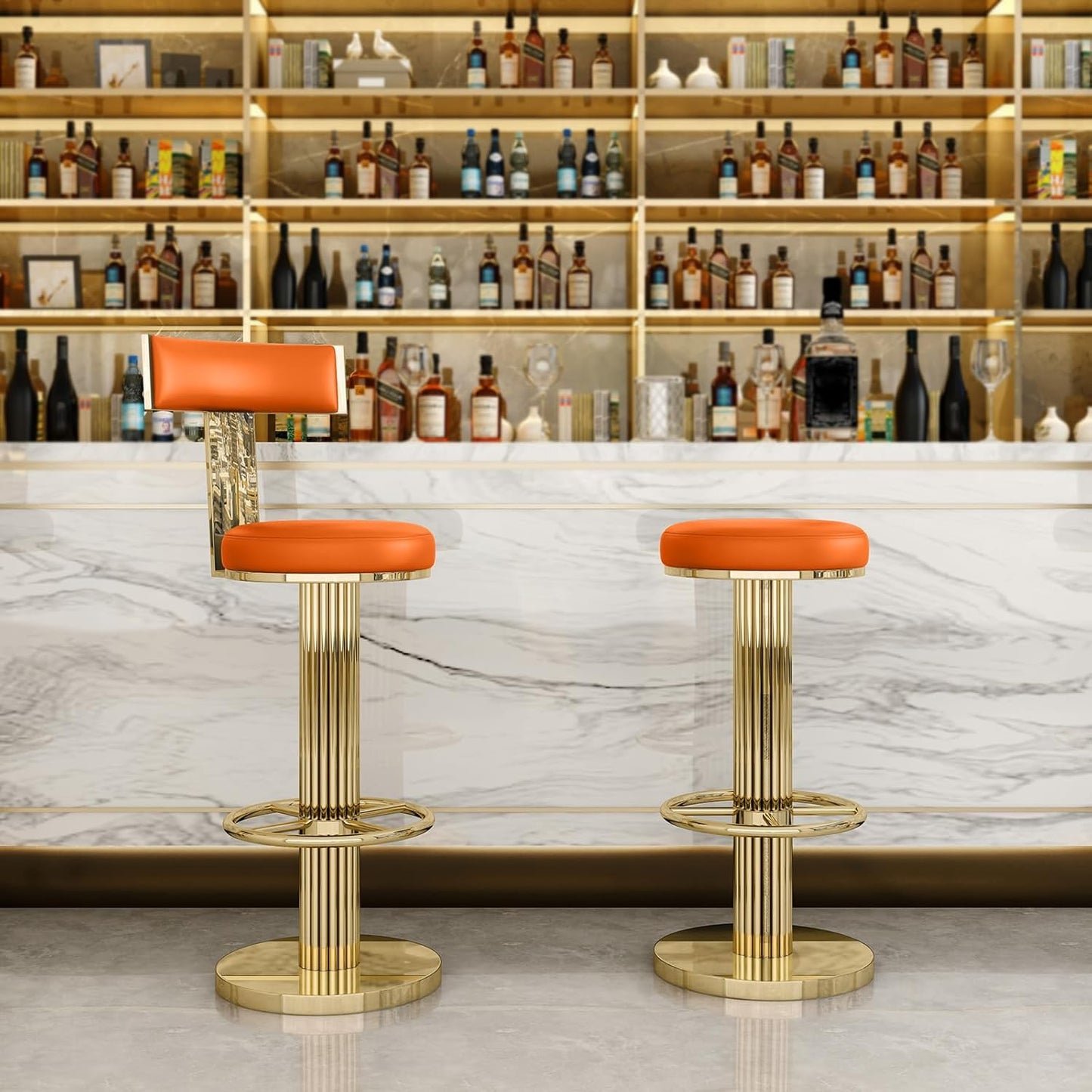 FUNROLUX Counter Height Bar Stools with Back, Modern Adjustable Height Barstools Swivel Bar Chair with Polished Gold Stainless Steel Legs for Kitchen Island Counter Living Room Coffee Shop (Orange)
