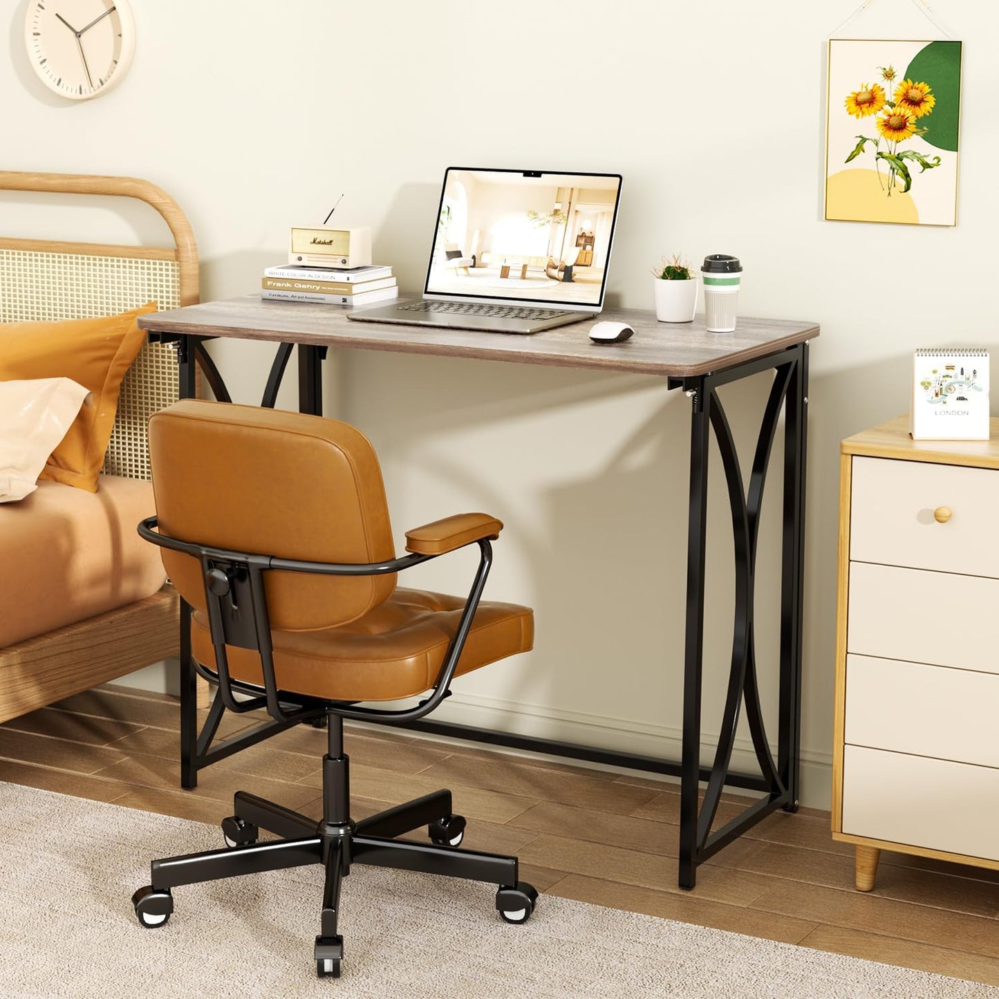 Small Desk, 31.5" Folding Table for Bedroom, Space Saving Folding Computer Desk for Home Office, Easy Assembly, Light Brown