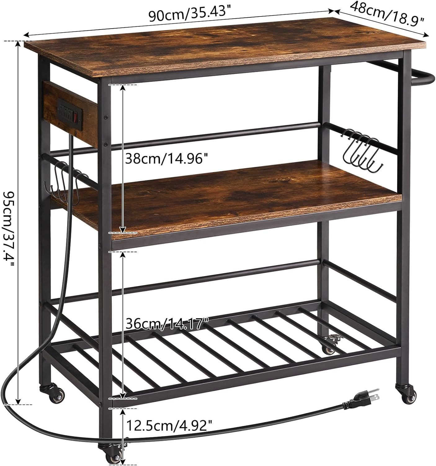 IBUYKE Kitchen Island with 3 Shelves, Island Table for Kitchen with Power Outlet,Kitchen Cart with Large Worktop,Rolling Bar Cart for Home, Outdoor, Kitchen TMJ024H