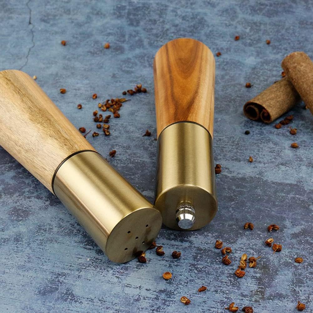 Gold Salt Shaker and Pepper Grinder Set,Stainless Steel Manual Salt Shaker and Pepper Mill,Adjustable Thickness,Suitable For Kitchen,Barbecue,Picnic,2 Packs