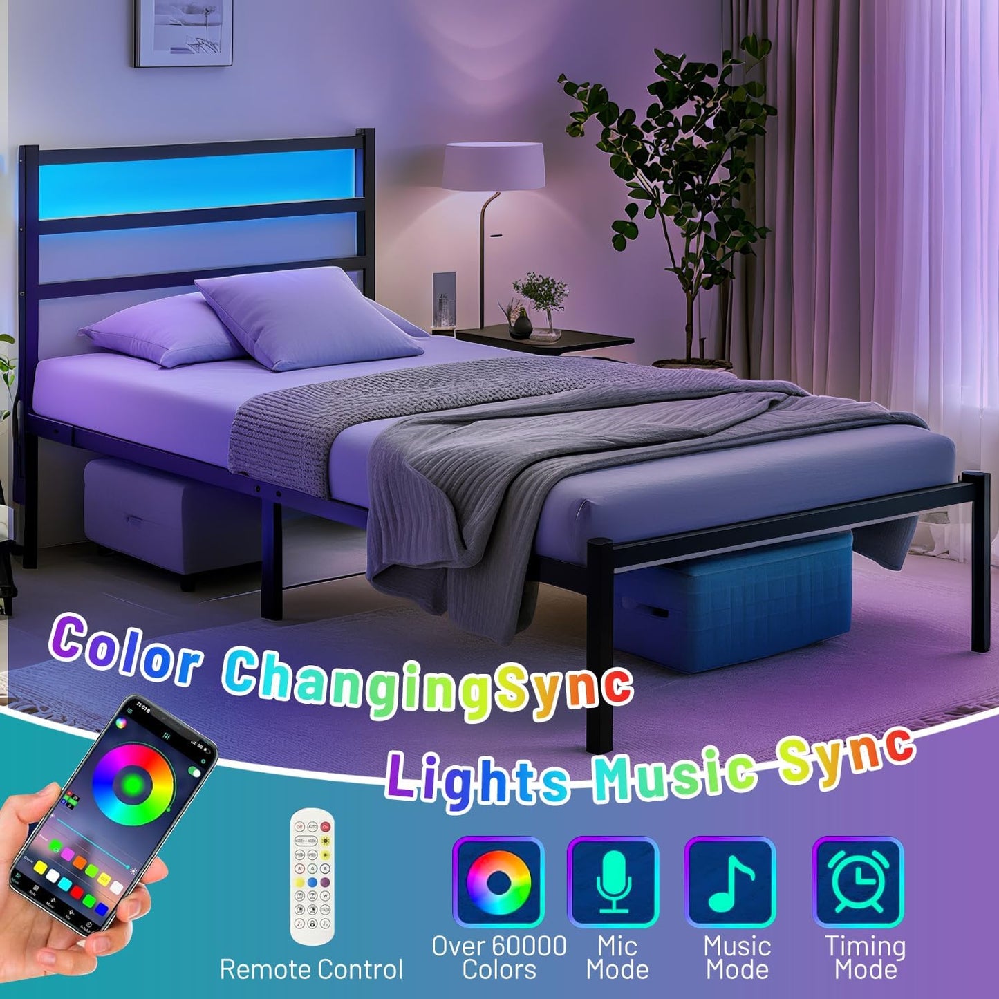 Twin Bed Frame with Headboard,Heavy Duty Steel Slats Support-LED Bed Frame with USB Charging Station,Mattress Foundation-Under Bed Storage,No Box Spring Needed,Noise Free，Black