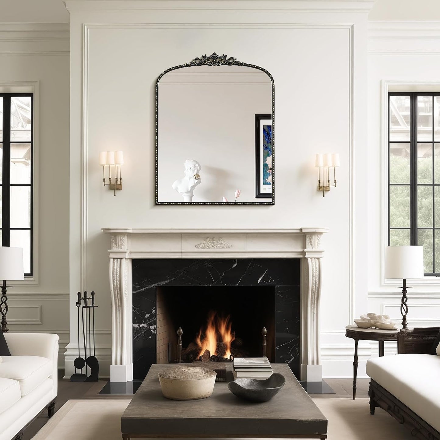 WallBeyond Gold Vintage Arched Mirror, 28x36 Inch, Black Ornate Frame, Wall Mounted, Rectangular, Art Deco Style for Bathroom, Living Room, Bedroom