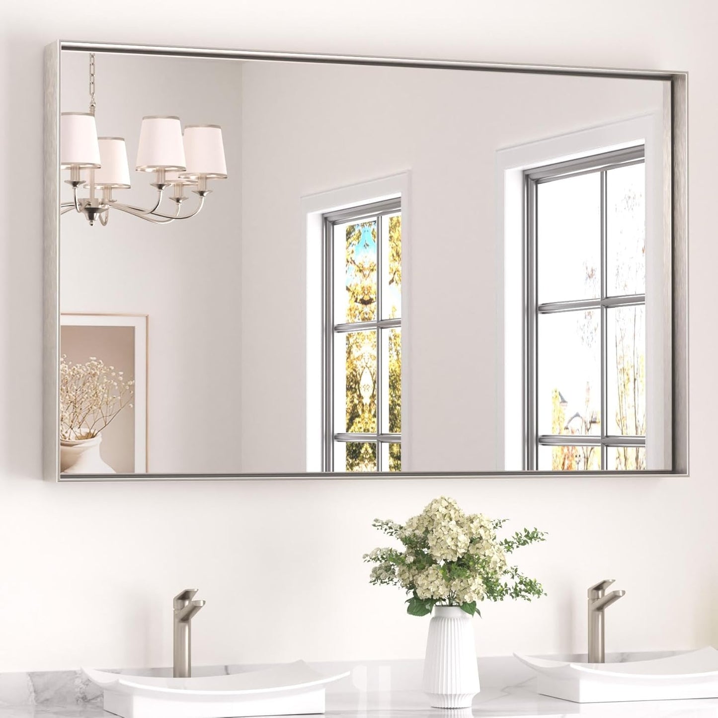 Keonjinn 48 x 30 in Brushed Nickel Bathroom Vanity Mirror, Rectangular Silver Metal Framed Wall-Mounted Mirror Square Corner Modern Farmhouse Rectangle Mirror for Over Sink(Horizontal/Vertical)