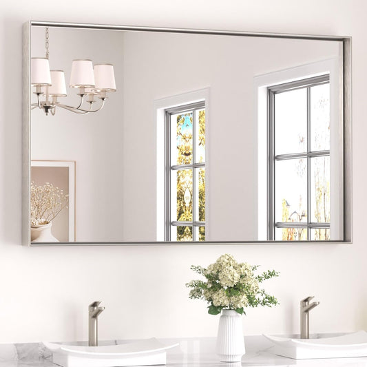Keonjinn 48 x 30 in Brushed Nickel Bathroom Vanity Mirror, Rectangular Silver Metal Framed Wall-Mounted Mirror Square Corner Modern Farmhouse Rectangle Mirror for Over Sink(Horizontal/Vertical)