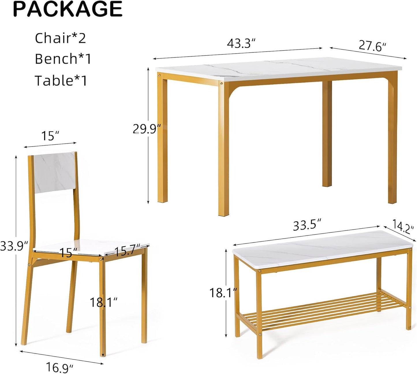 SogesHome Kitchen Table Set for 4, Compact Dining Table Chair Set with Bench, 4 Piece Table with Built-in Storage Racks, Metal Frame, for Apartment, Restaurant, Gold