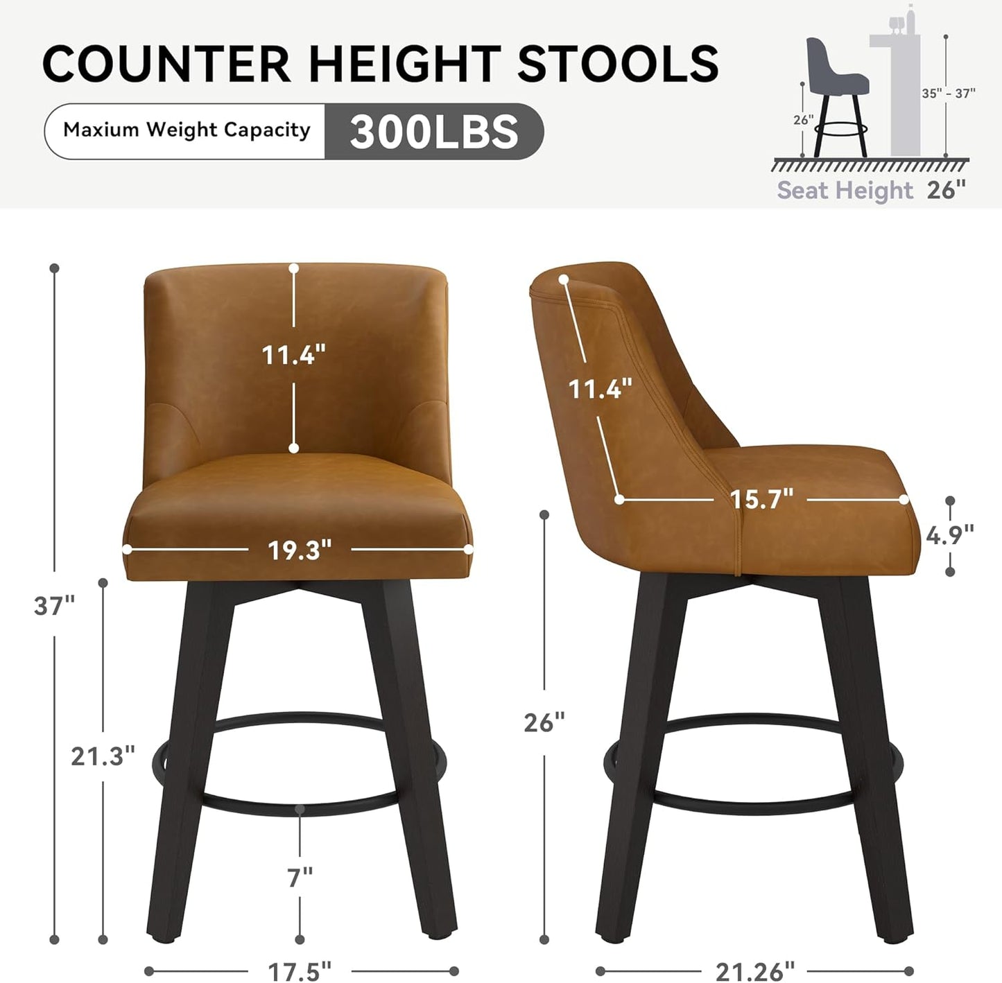 Counter Height Swivel Bar Stools Set of 6, 26 Inch Bar Stools with Footrest, Faux Leather Upholstered Barstools with Back and Solid Wood Legs for Kitchen Island, Dining Room,Pub,Brown