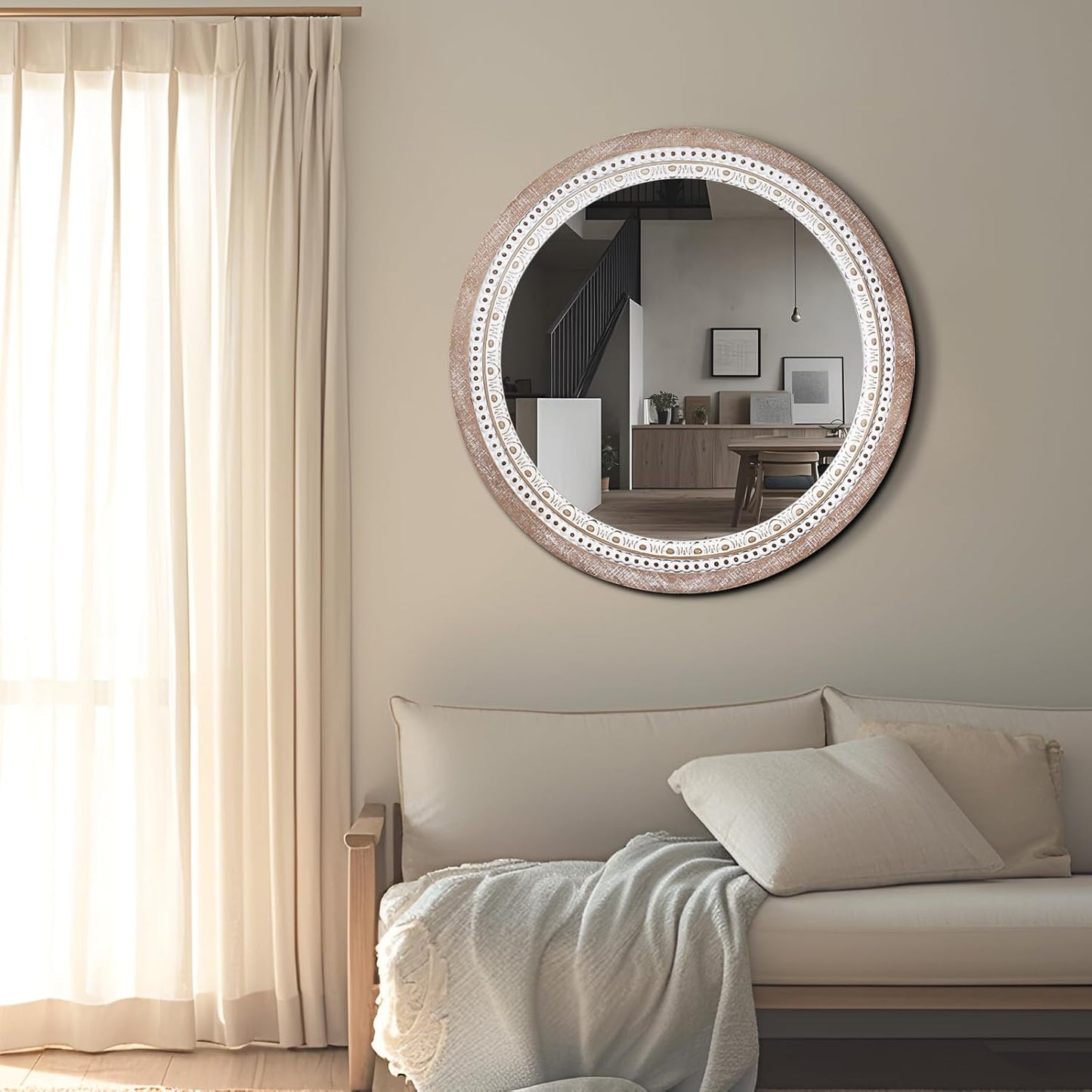 24 Inch Wooden Round Mirror for Wall Decor, Farmhouse Rustic Decorative Circle Mirrors with Beaded Frame, for Bedroom, Bathroom, Living Room, Entryway