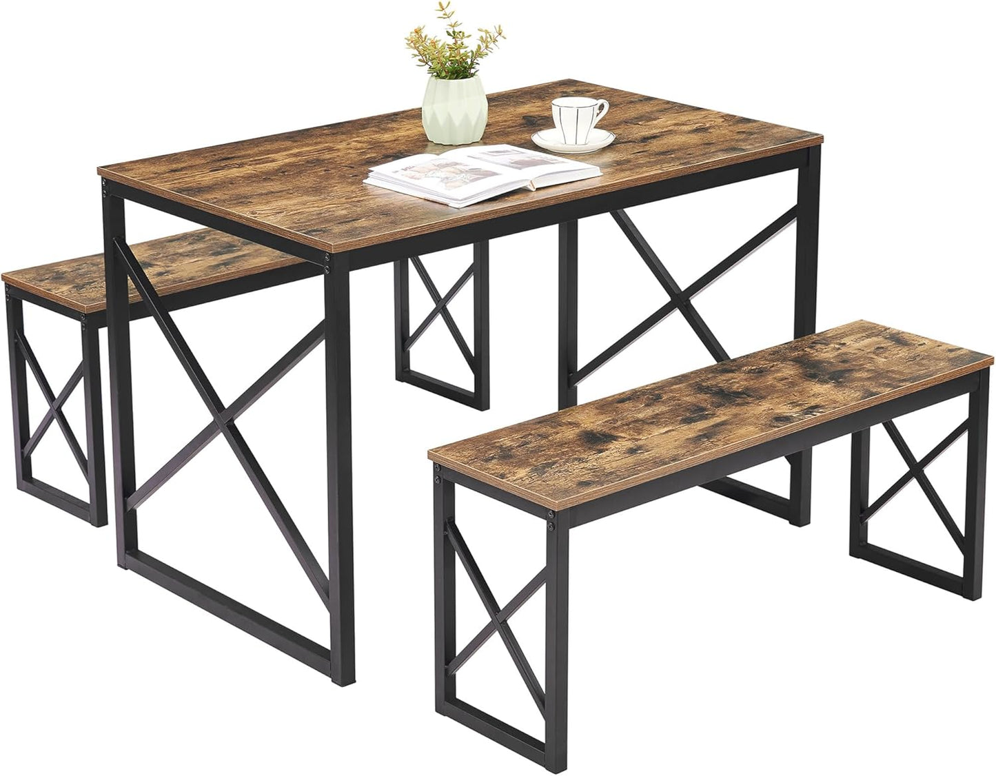 VECELO Kitchen Table with 2 Benches for 4, Wood Dining Room Dinette Sets for Breakfast Nook and Small Space, Brown