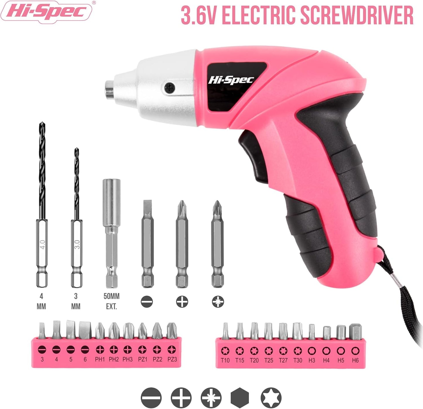 Hi-Spec Electric Screwdriver 27pc 3.6V Pink USB Small Power Screwdriver Set. Cordless & Rechargeable with Driver Bit Set