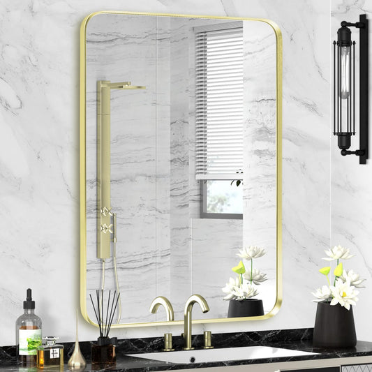Wall Mount Mirror for Bathroom, Brushed Gold Metal Framed Rounded Corner Rectangular Vanity Mirror (24" x 30", Gold)