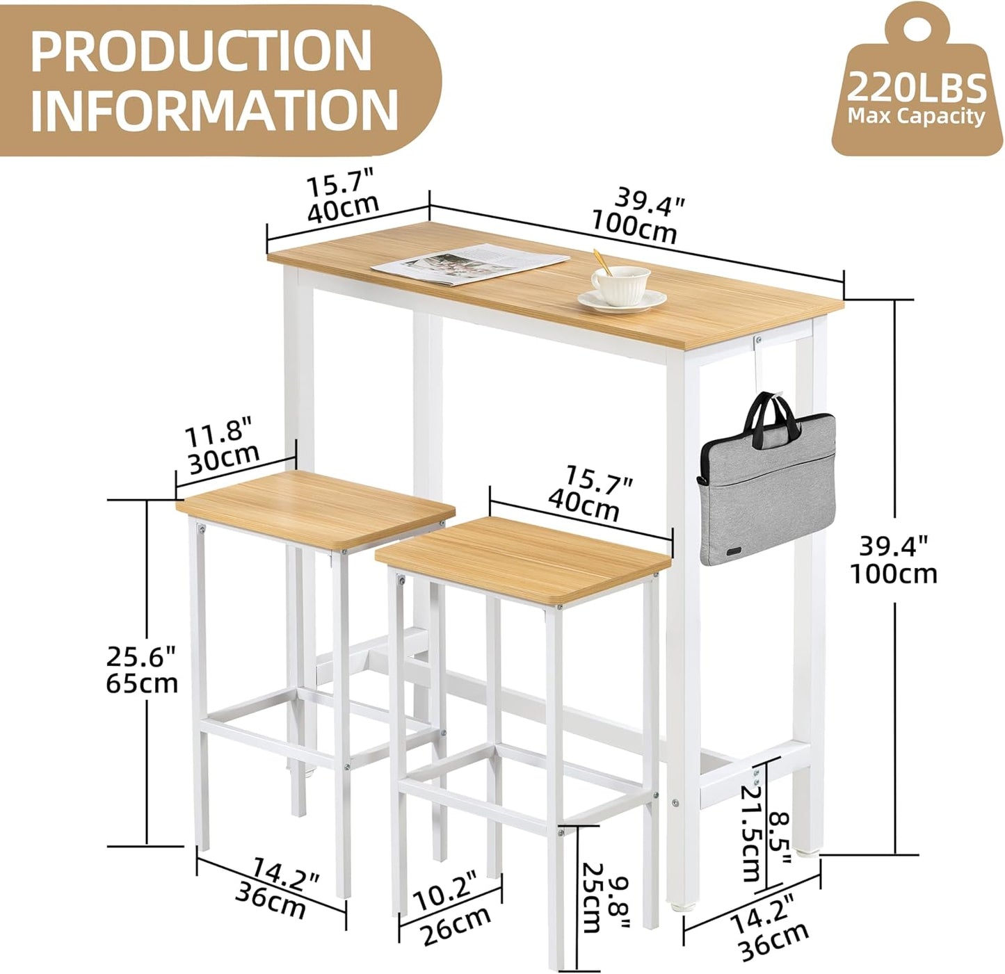 Finnhomy Bar Table Set, 39.3" Pub Table High Top Table, Rectangular Bar Height Table, Bar Table with Stools, Kitchen Table Set for 2, Breakfast for Kitchen, Living Room, Oak Beige and White