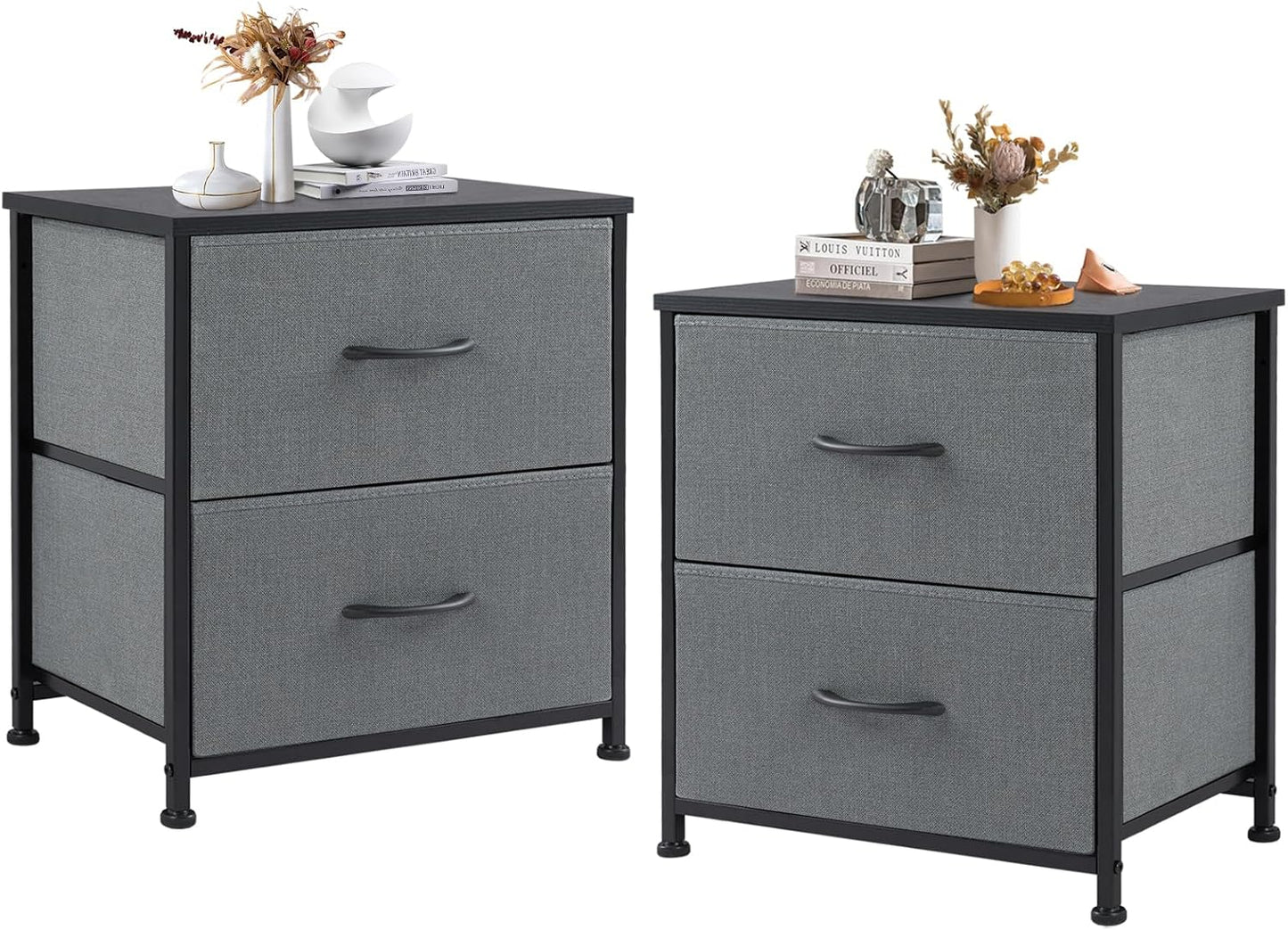 DUMOS Nightstand Set of 2, Small Dresser with 2 Fabric Drawers Side Bedroom End Table Kids Bedside Storage Furniture for 25 inch Tall Night Stand for Closet, Entryway, College Dorm, Grey, M-2 Pack