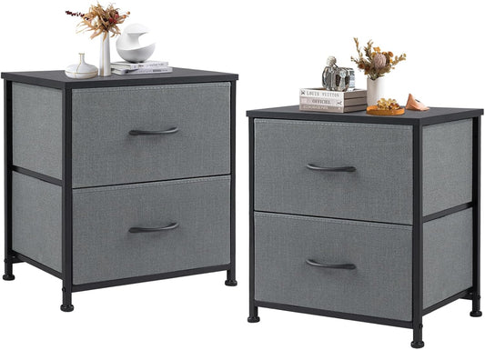 DUMOS Nightstand Set of 2, Small Dresser with 2 Fabric Drawers Side Bedroom End Table Kids Bedside Storage Furniture for 25 inch Tall Night Stand for Closet, Entryway, College Dorm, Grey, M-2 Pack
