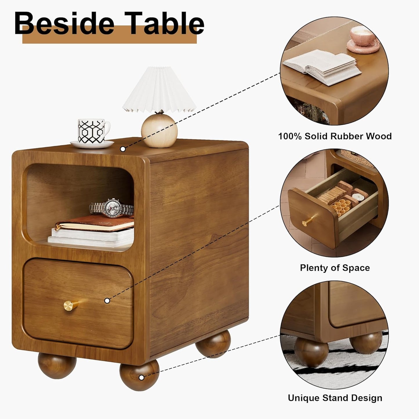 Solid Wood Nightstand, Narrow Night Stand with Drawers, Walnut Mid Century Modern Nightstand, Small Beside Table with Open Storage Shelf for Bedroom (12 inch)