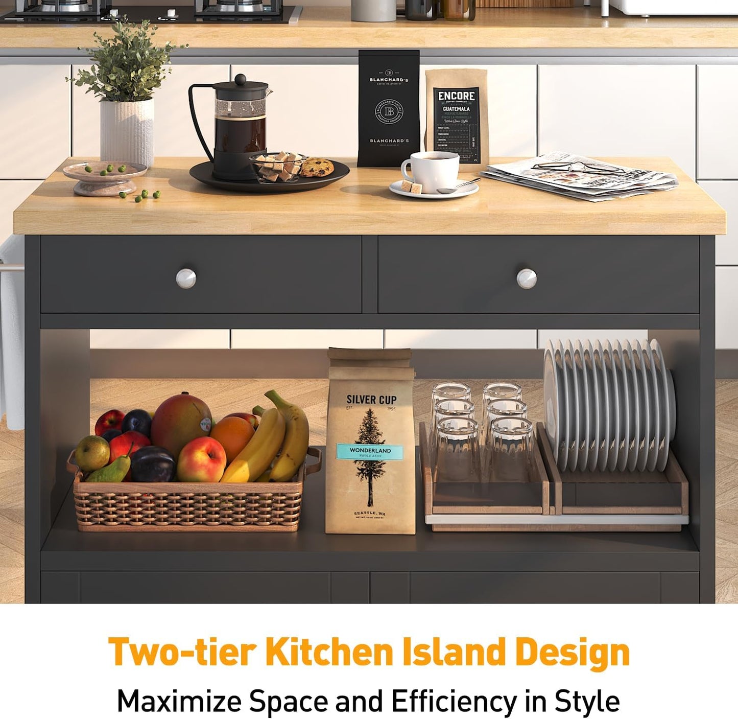Rolling Kitchen Island with Storage Cabinet, 35.4'' Width Kitchen Cart, 2 Drawers Island Table, Portable Mobile Kitchen Island with Towel Rack, Wood Top and Lockable Wheels, Black