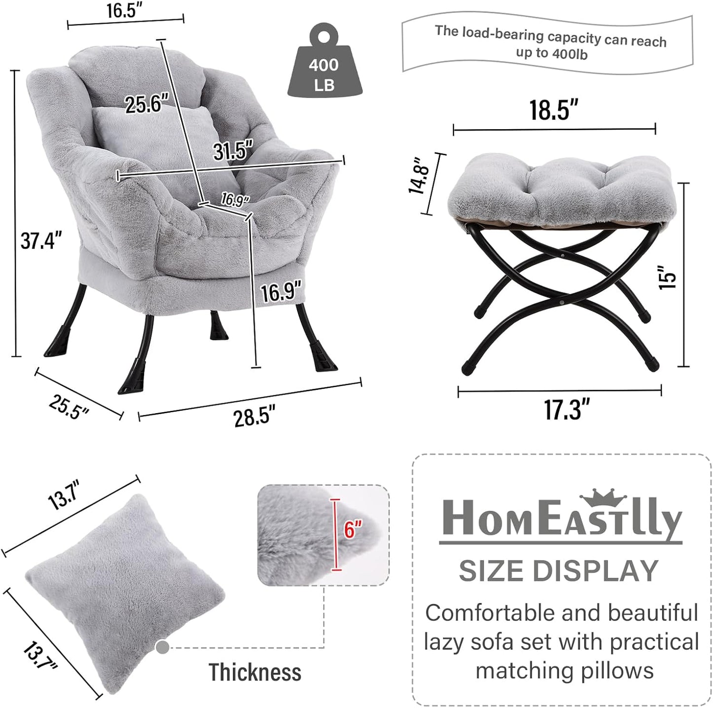 Lazy Chair with Ottoman, Modern Large Accent Lounge Chair with a Pillow, Leisure Sofa Armchair, Reading Chair with Footrest for Bedroom, Living Room,Plush White Gray