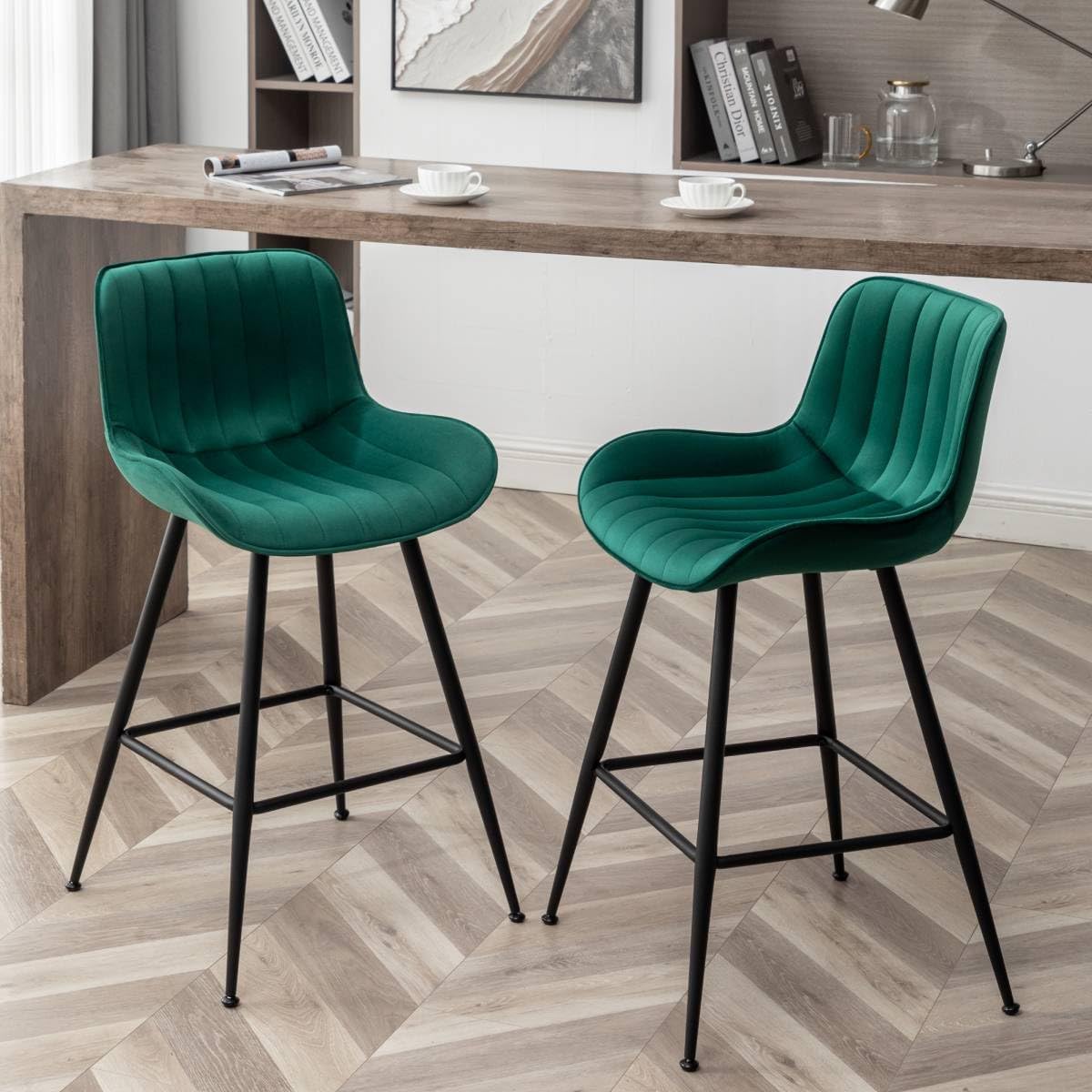 24 Inches Velvet Upholstered Island Stools, Bartools Set of 2, Fabric Counter Stools with Back, Counter Height Bar Chairs with Black Legs for Home Kitchen Island, Green.