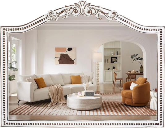 32x42 Inch Ornate Wooden Arched Wall Mirror, Rustic Farmhouse Decorative Wide Mirrors for Fireplace, Living Room, Bedroom, Entryway, Bathroom Over Sink