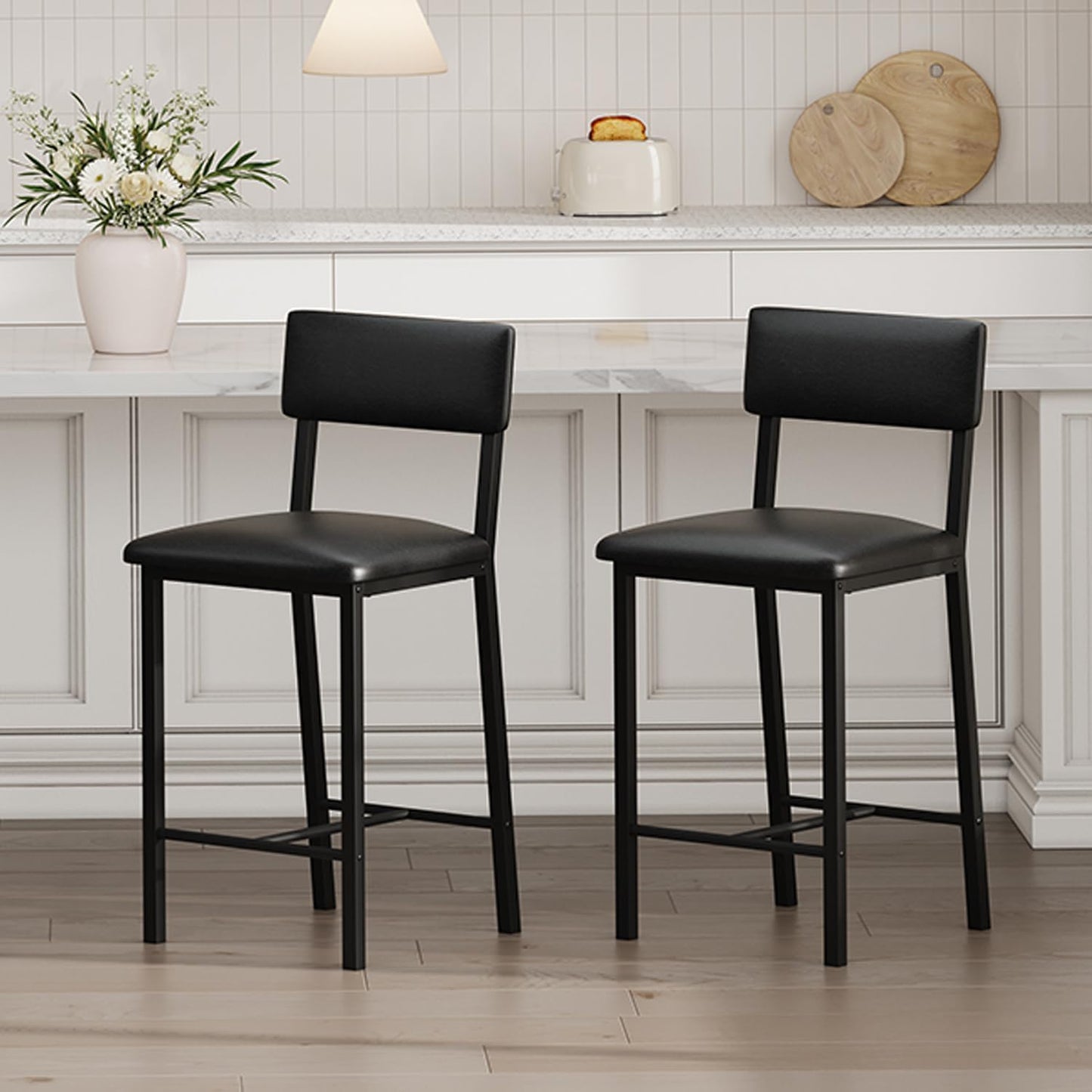 GarveeHome Bar Stools Set of 2, Counter Stools with Back and Thickened Metal Legs, Upholstered PU Leather Counter Height Barstools with Footrest, for Kitchen Island, Bar, Black