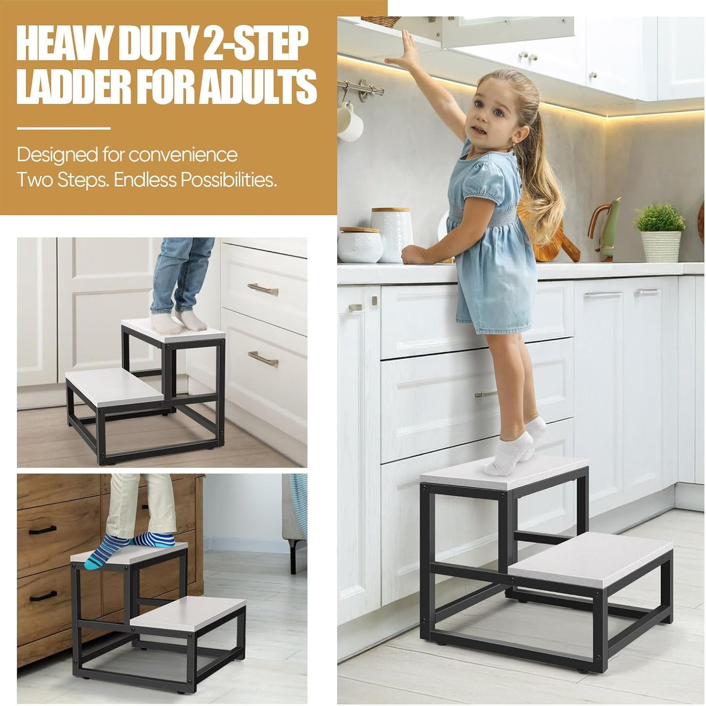 Wood and Metal 2 Step Stool for Adults & Kids – Heavy Duty Rustic Step Stools, 500 Lbs Capacity Non-Slip Stepping Stool for High Beds, Kitchen, Bathroom, Closet, Durable Foot Stool for Home Use,White